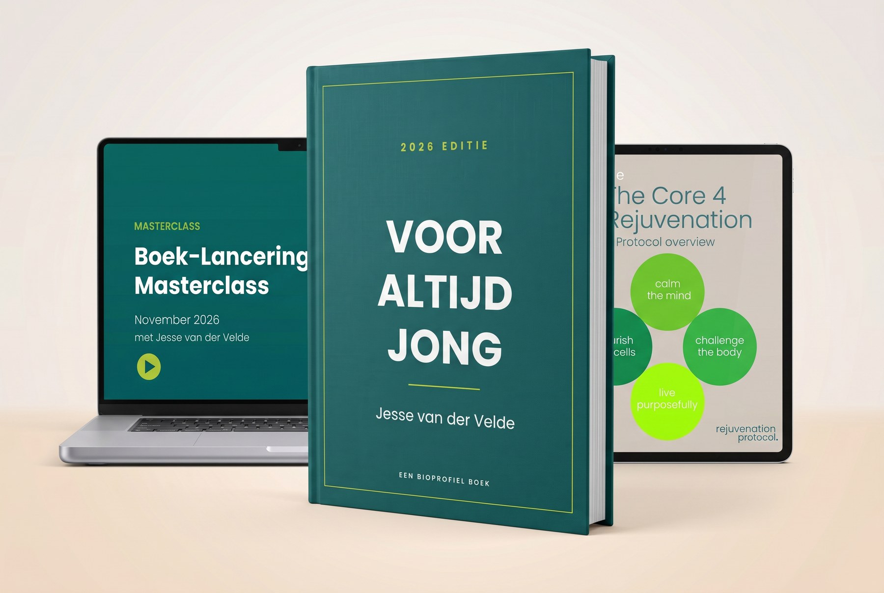 Overzicht van alles wat je krijgt bij het boek Voor Altijd Jong: het boek, de Boek-Lancering Masterclass en de Core 4 infographic