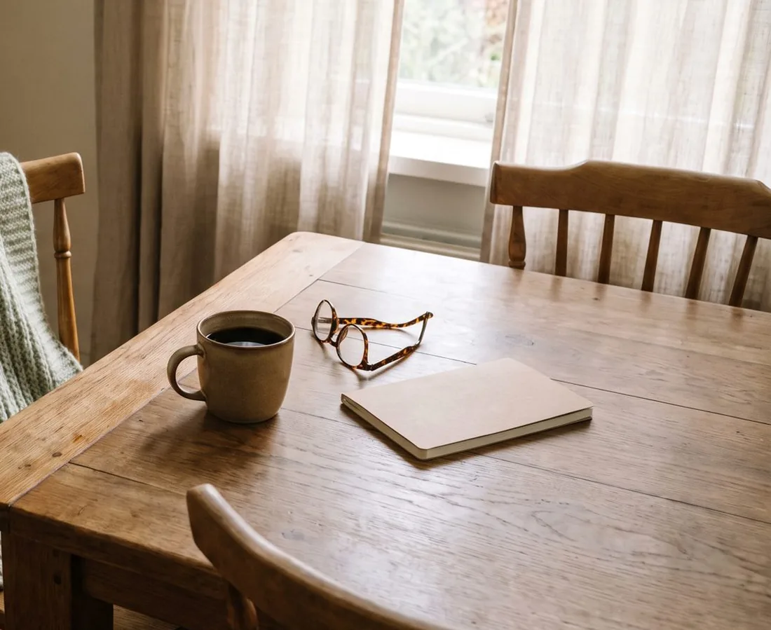 Een houten eettafel bij het raam met een kop koffie, een leesbril en een dichtgeslagen notitieboek