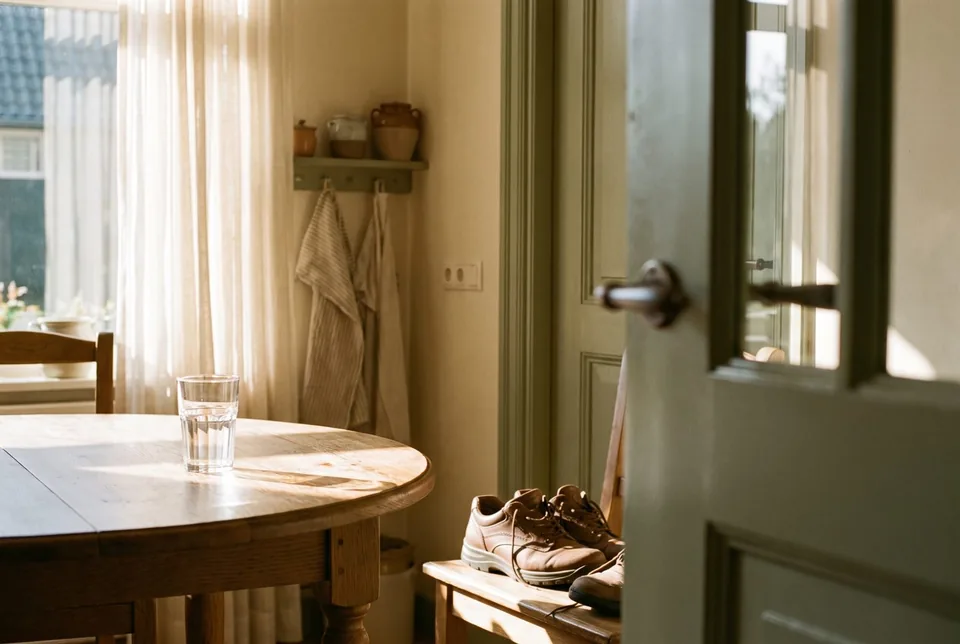 Een keuken in ochtendlicht met een glas water op de tafel en wandelschoenen op een bankje bij de deur