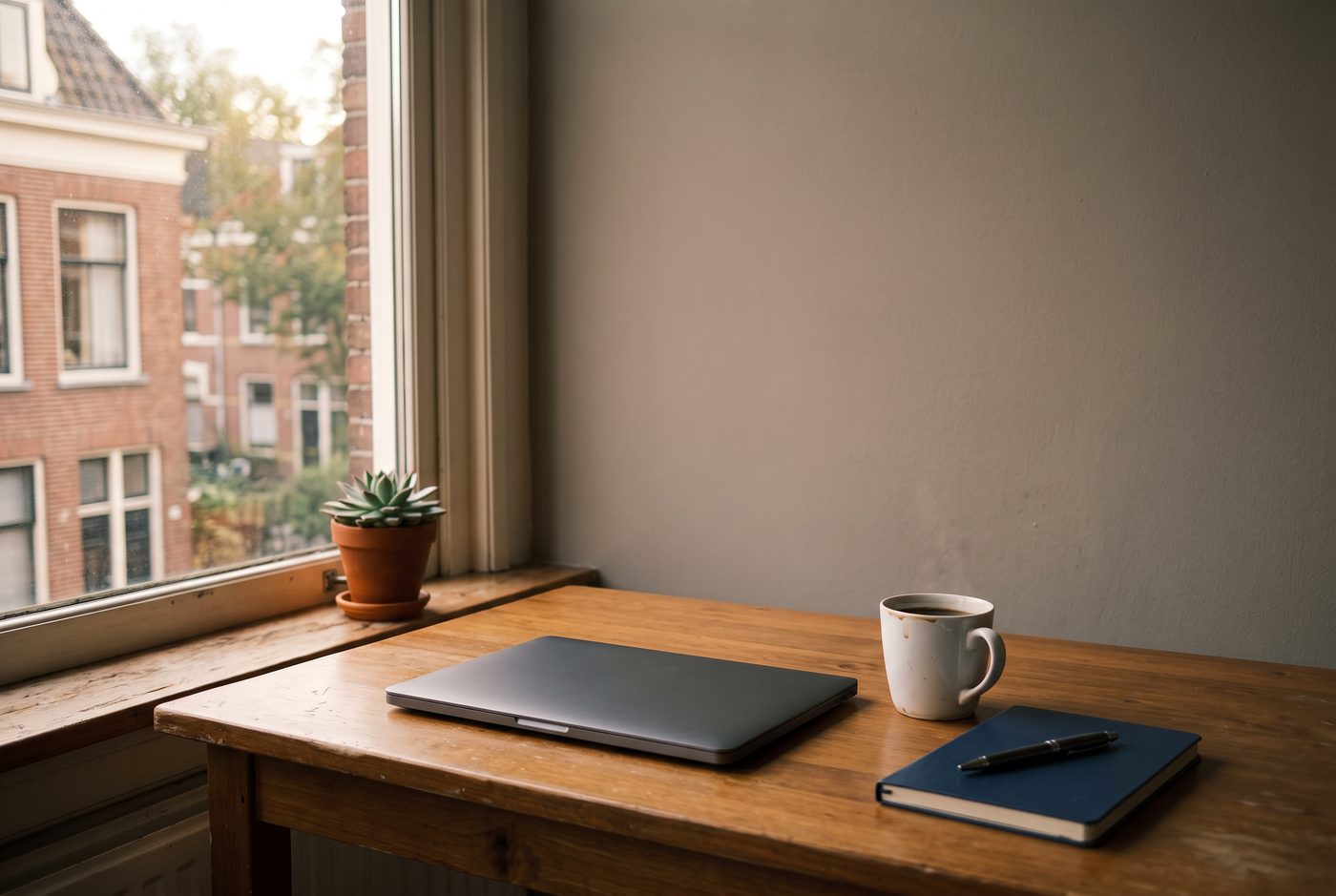 Een bureau bij een raam in de ochtend met een dichtgeklapte laptop, een notitieboek met pen en een mok koffie