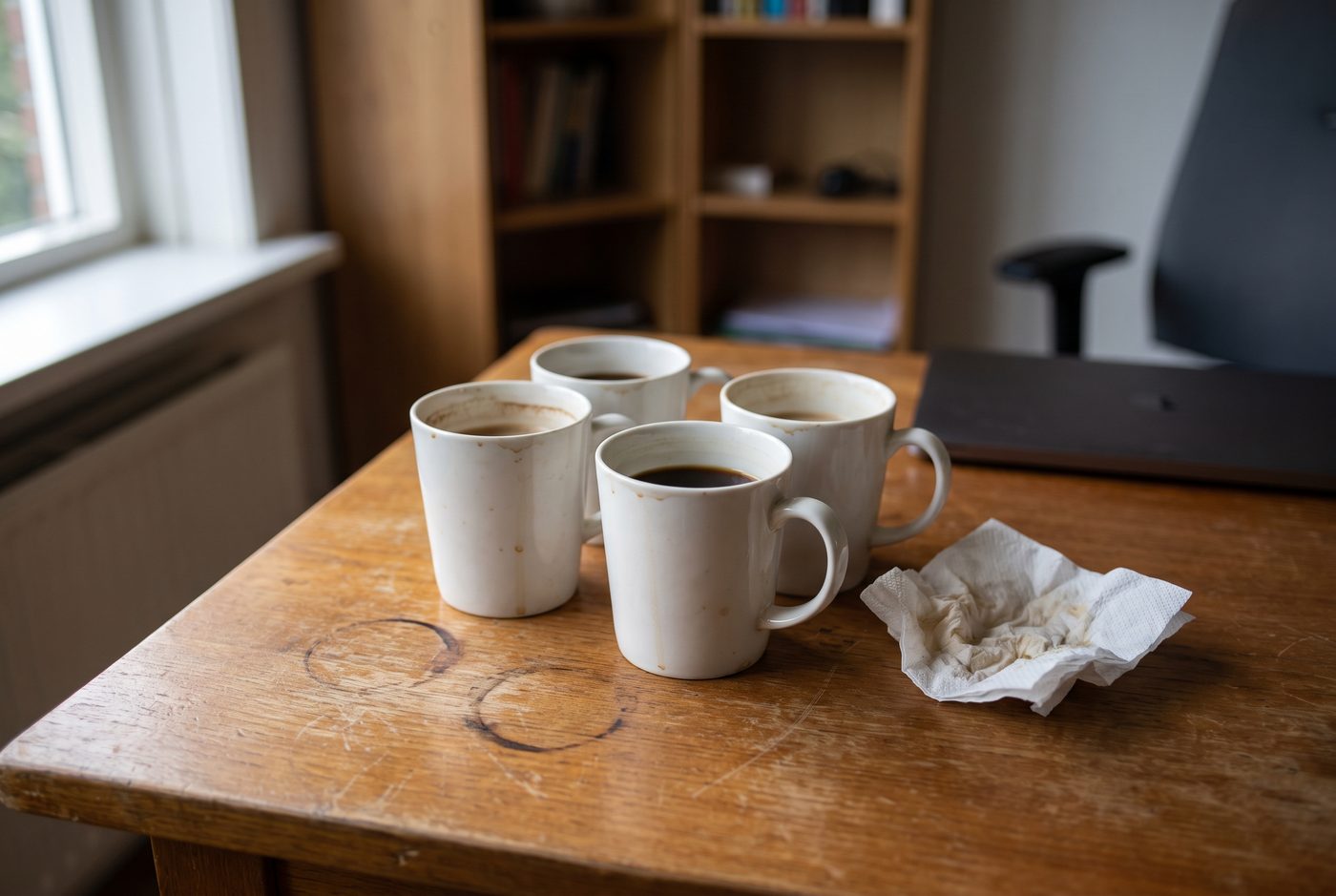 Vier gebruikte witte mokken bij elkaar op de hoek van een houten bureau