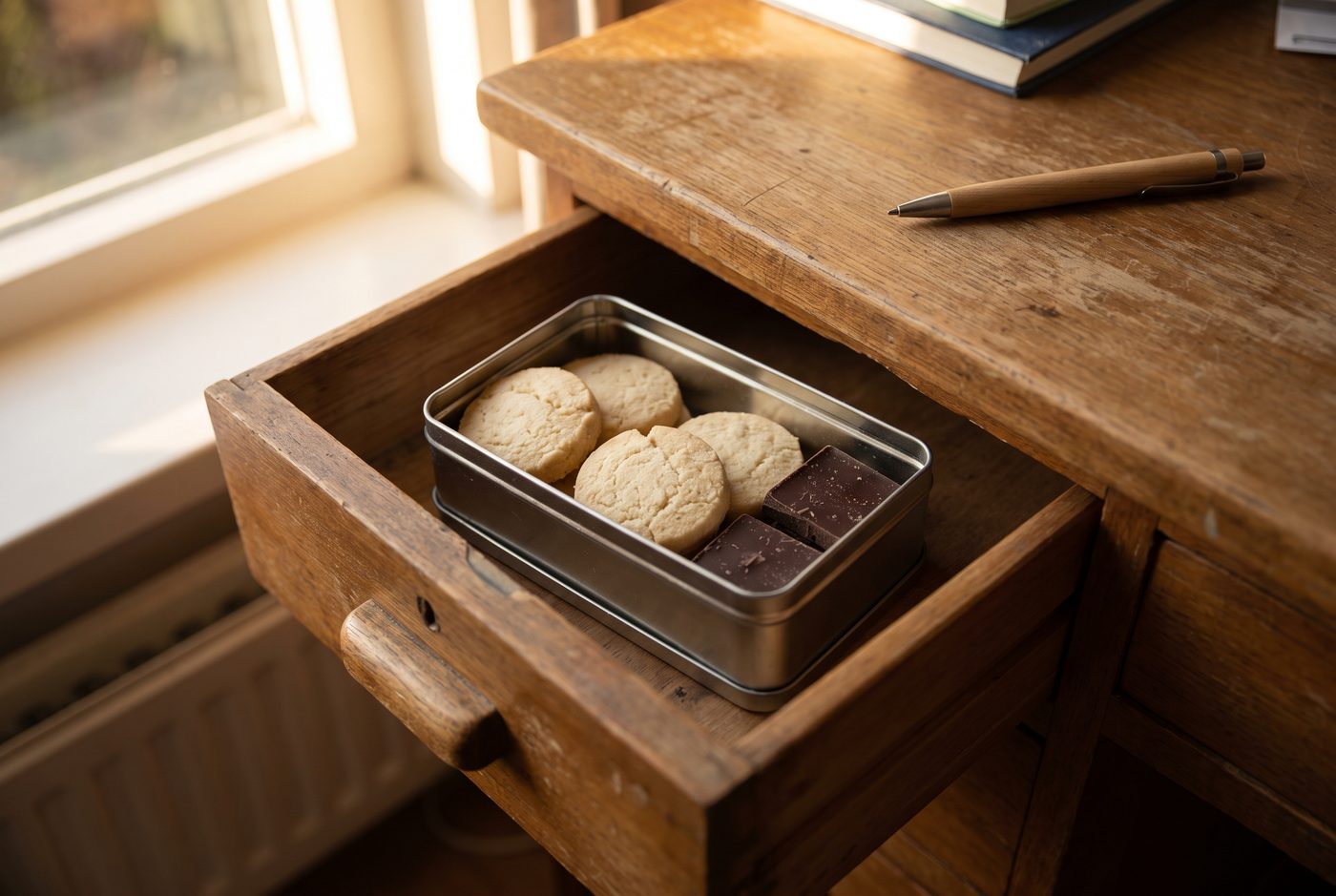 Een geopende bureaula met een blikje koekjes en twee stukjes pure chocolade erin