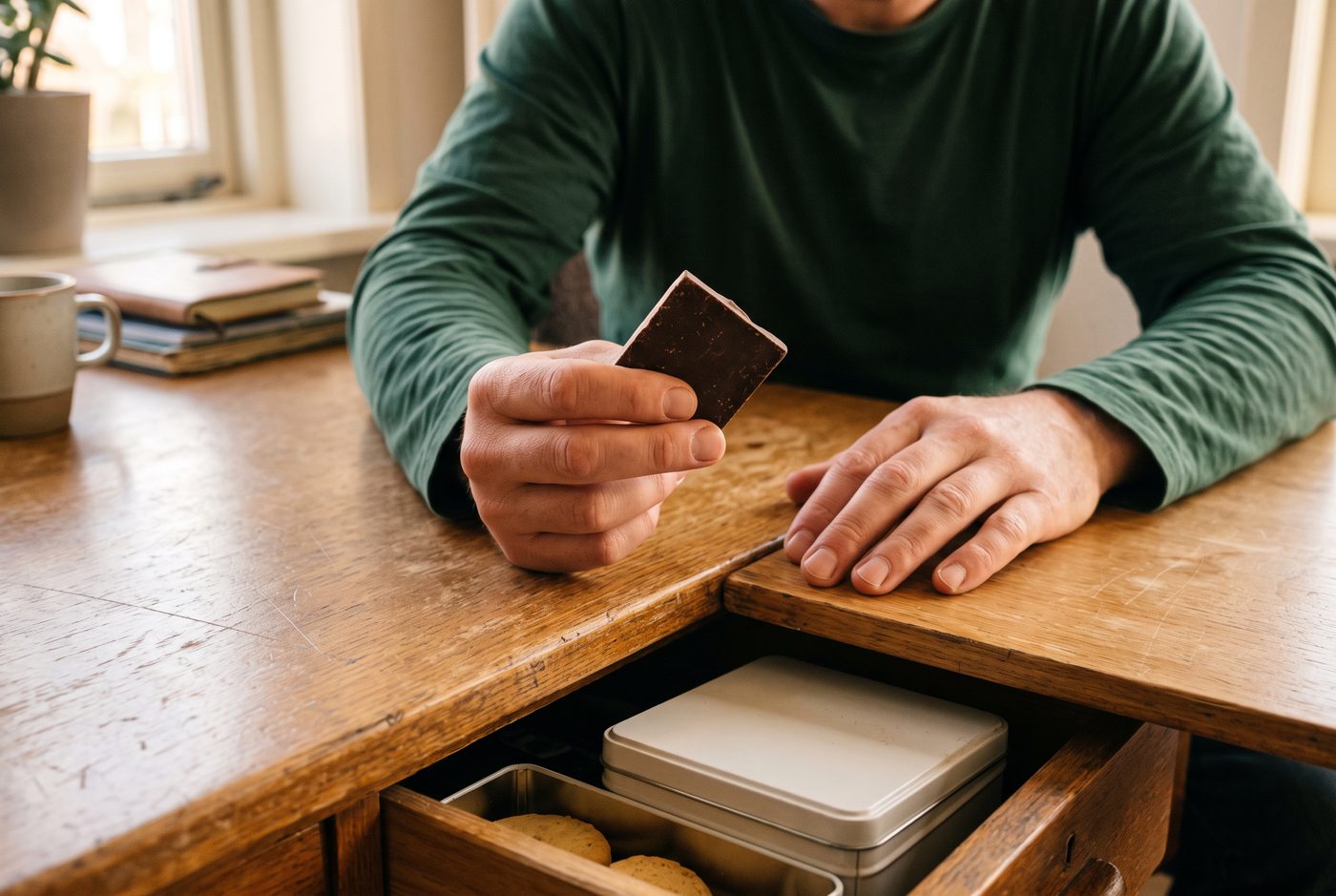 Een hand houdt een stukje pure chocolade vast boven een open bureaula met een blikje koekjes
