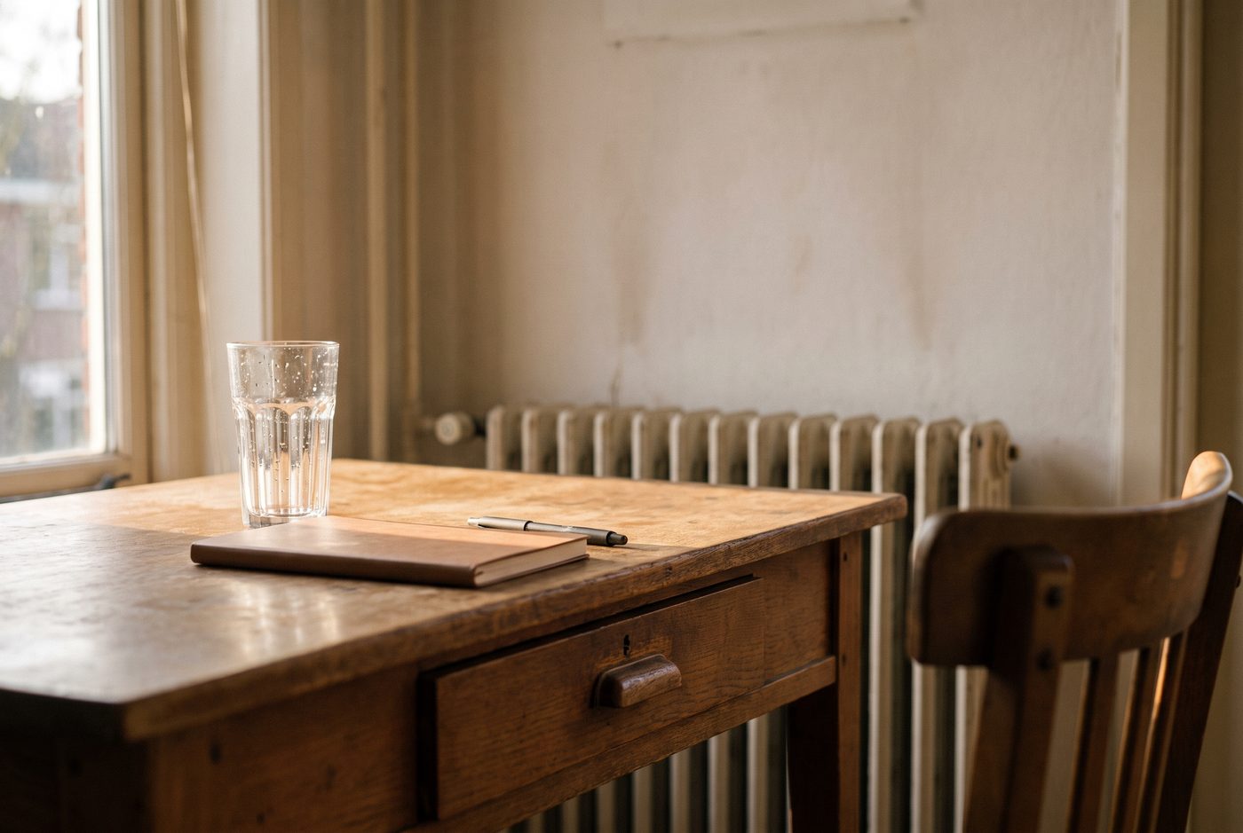 Een bureau met de la dicht, een glas water en een dichtgeslagen notitieboek in de middagzon