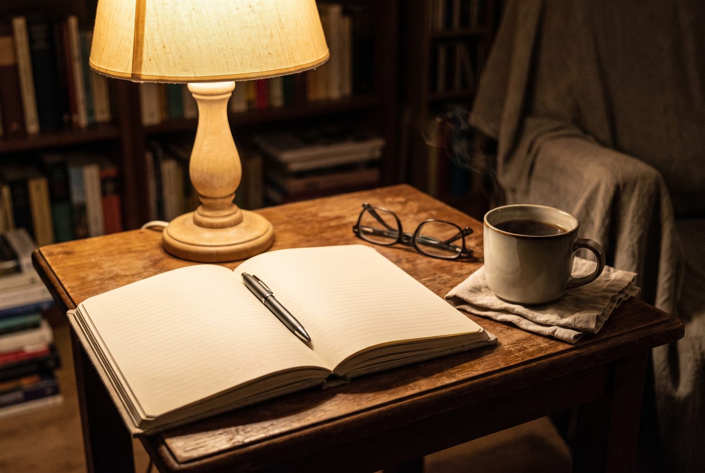 Een opengeslagen notitieboek met lege lijntjes onder een schemerlamp, met een leesbril ernaast