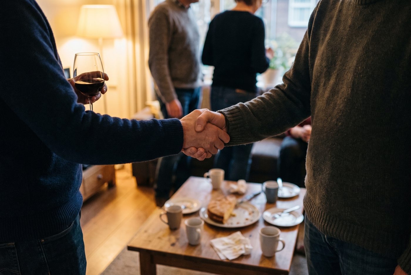 Twee mensen geven elkaar een hand op een verjaardag, gezien vanaf borsthoogte