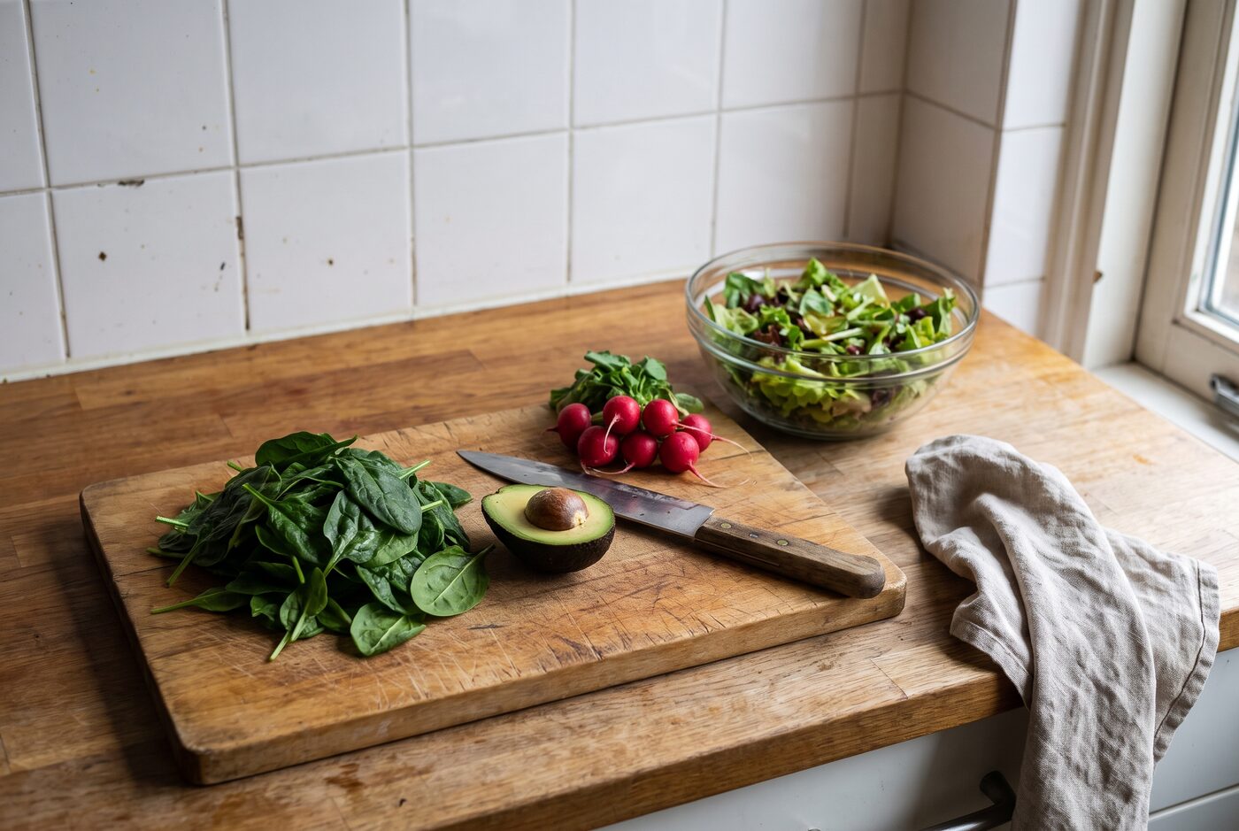 Een houten aanrecht met spinazie, een halve avocado, radijsjes en een kom salade