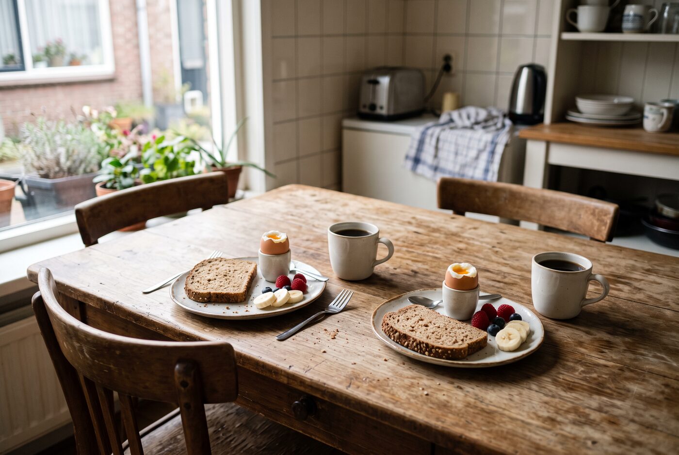 Twee identieke ontbijtborden naast elkaar op dezelfde houten tafel