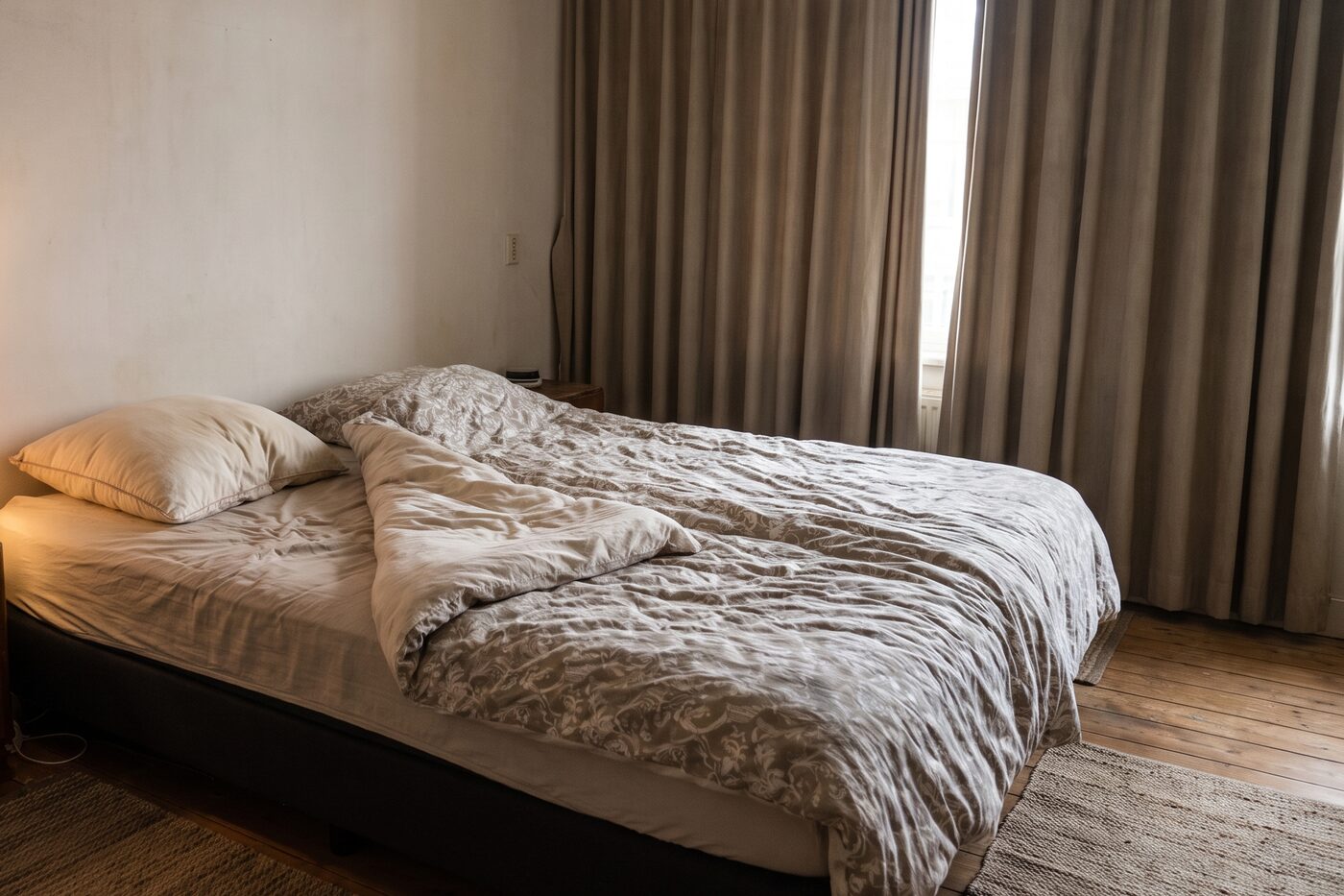 Een tweepersoonsbed met het dekbed opengeslagen en een bedlampje aan