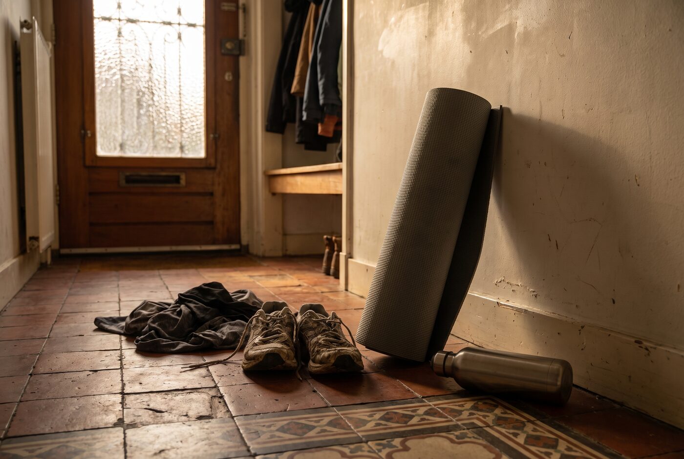 Versleten hardloopschoenen, een trainingsshirt en een opgerolde mat in een gang