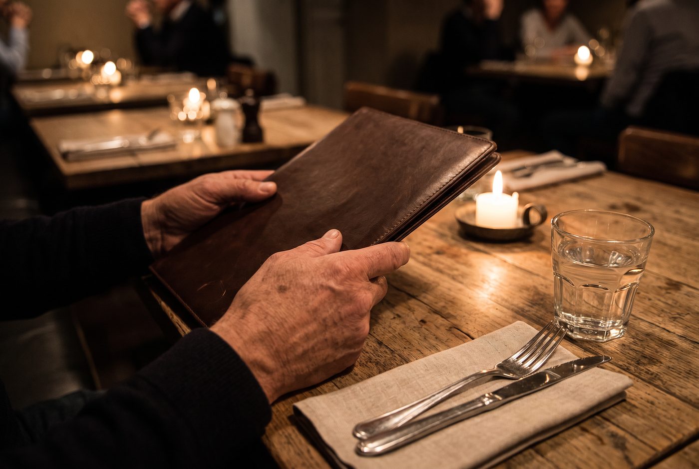 Twee handen houden een dichtgeslagen menumap vast aan een restauranttafel
