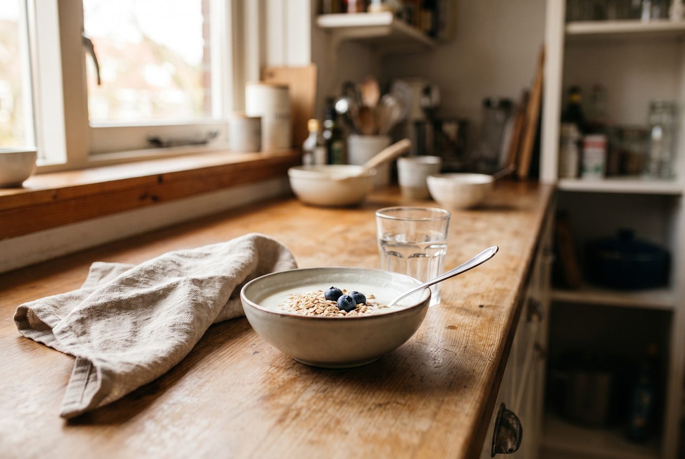 Een kom yoghurt met havervlokken en blauwe bessen op een keukenblad in het ochtendlicht