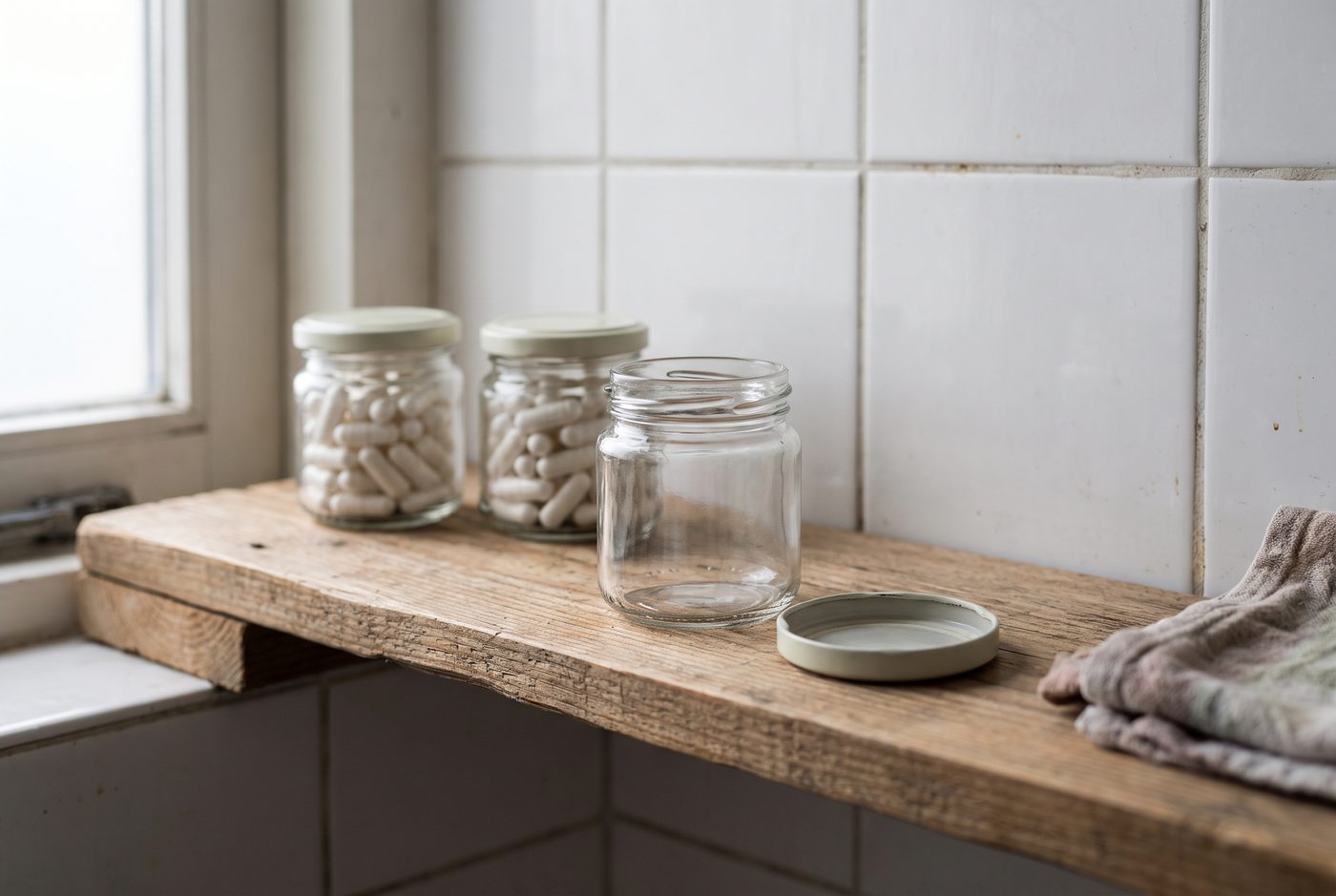 Drie glazen potjes zonder etiket op een badkamerplank, het voorste leeg en open