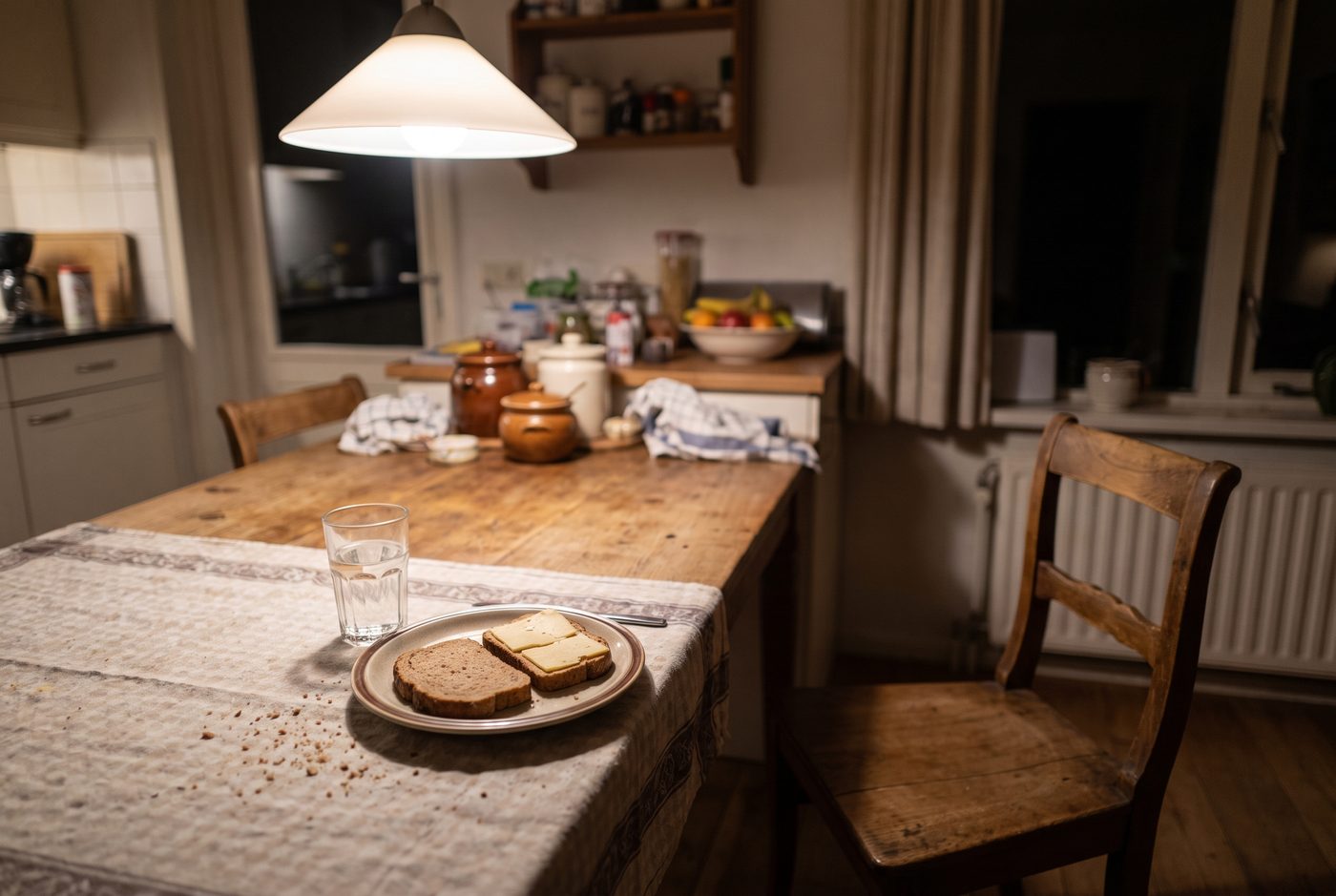 Een keukentafel in de avond met een bord brood met kaas, een glas water en een lege stoel