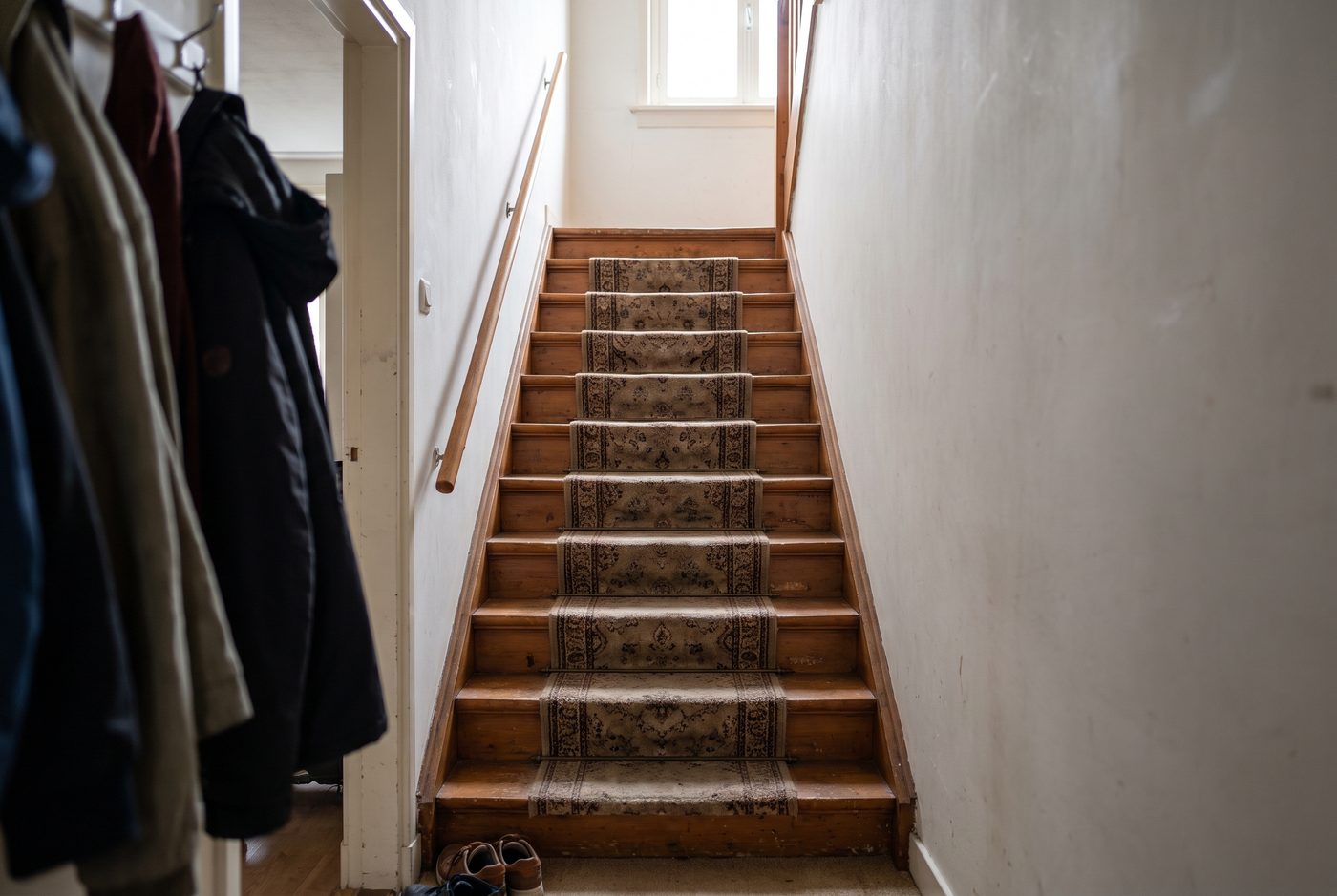 Een houten trap in een Nederlands huis, gezien vanaf de onderste tree