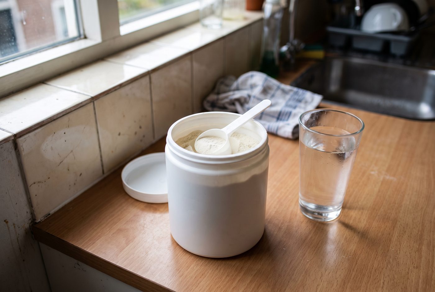 Een wit potje zonder etiket met een maatschepje poeder op een keukenblad