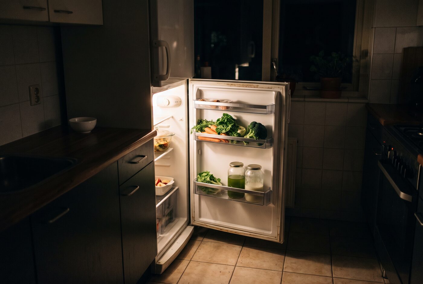 Een open koelkast 's avonds in een donkere keuken, het licht valt over de vloertegels
