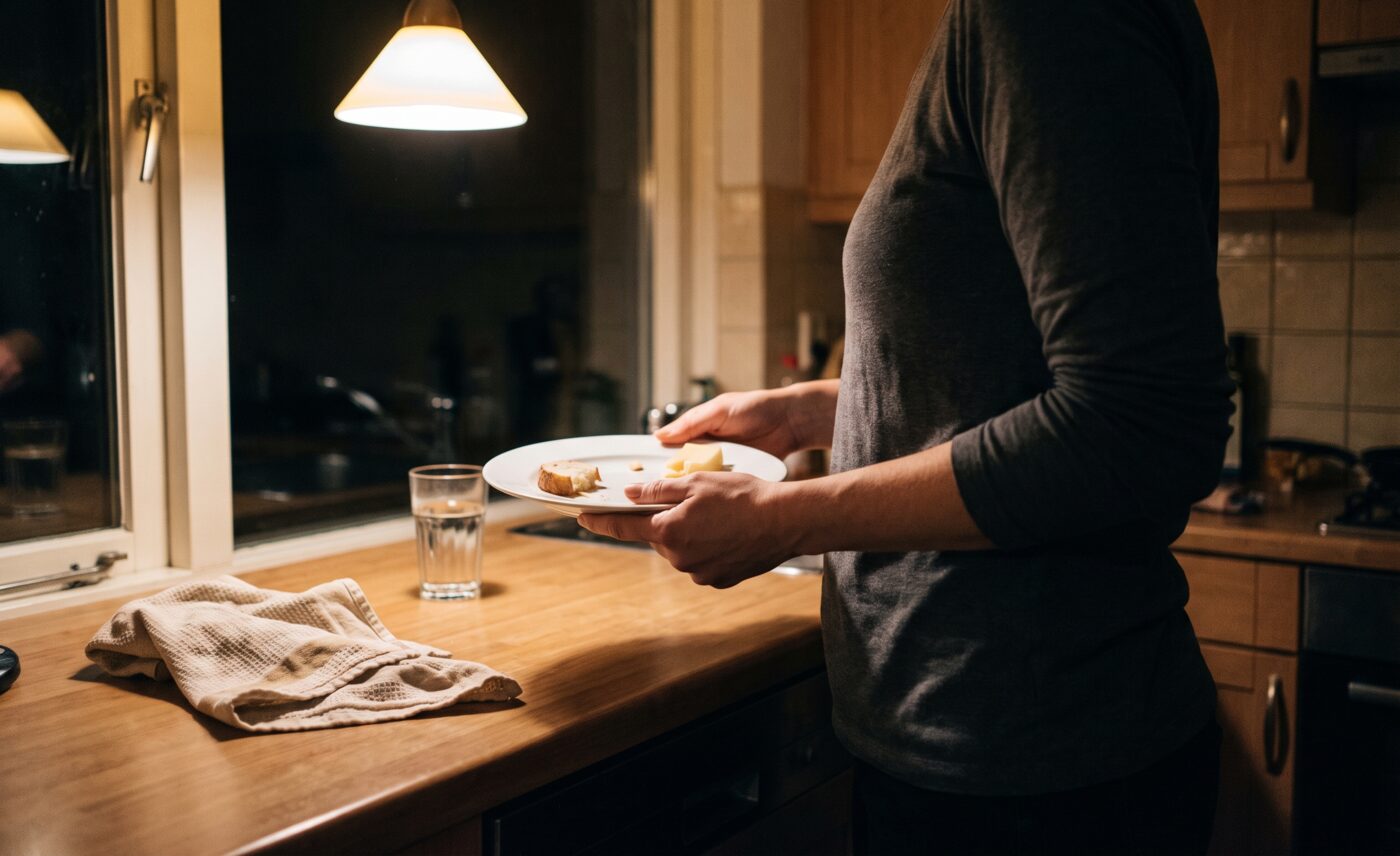 Iemand eet 's avonds staand aan het aanrecht van een keuken, van borsthoogte af in beeld