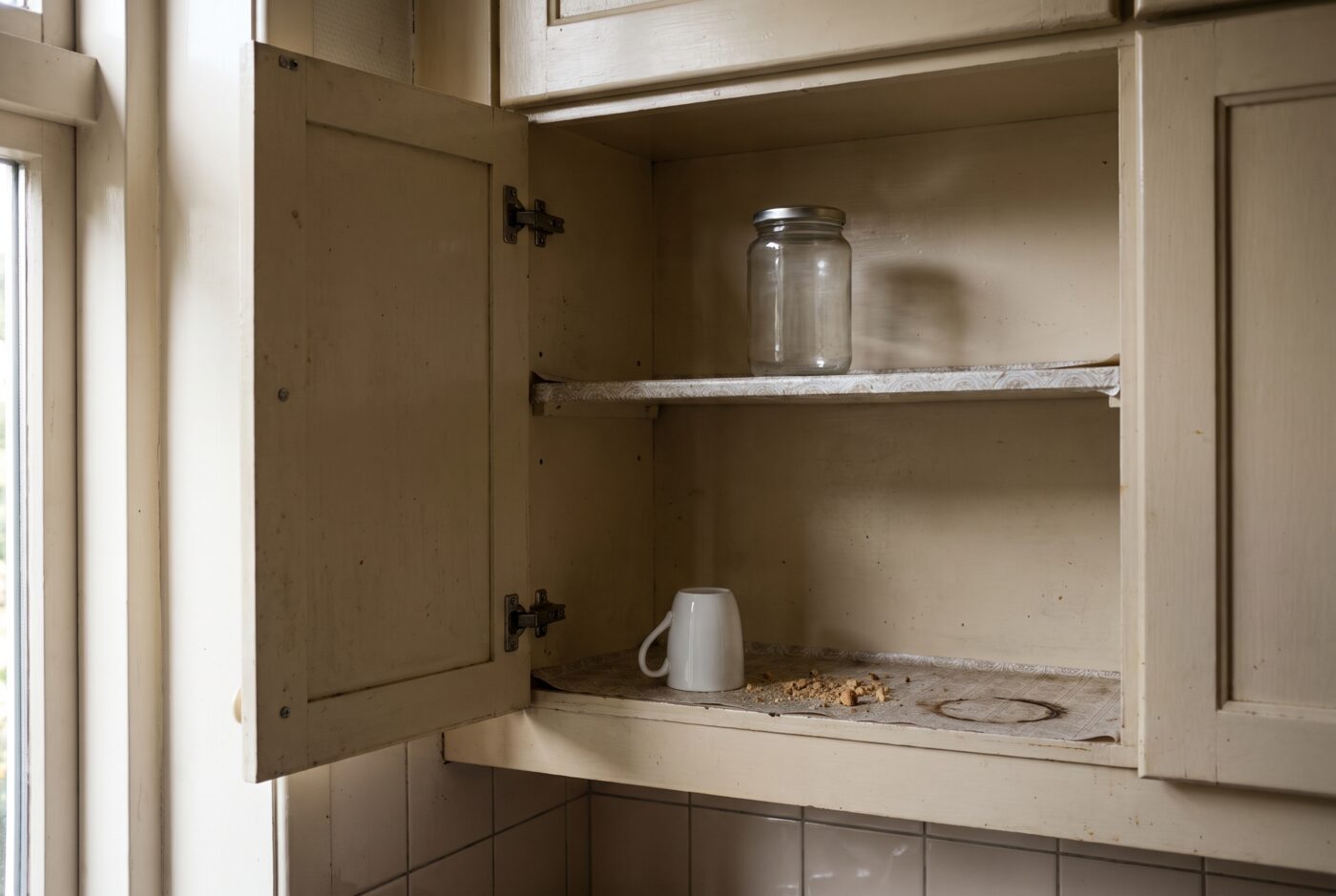 Een bijna lege keukenkast met twee houten planken, een glazen pot en een omgekeerde mok