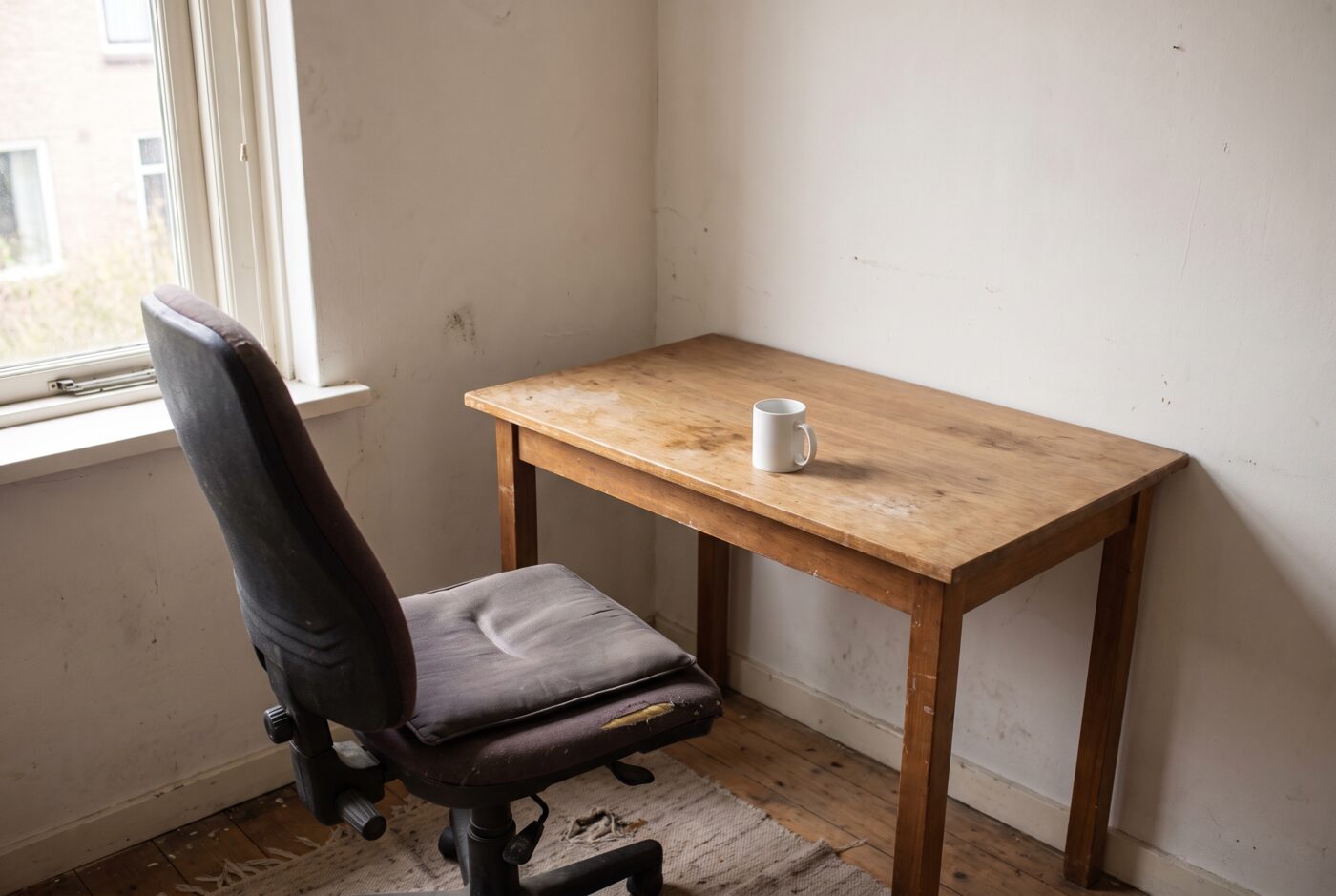 Een bureaustoel bij een leeg houten bureau in een werkkamer, met daglicht van opzij