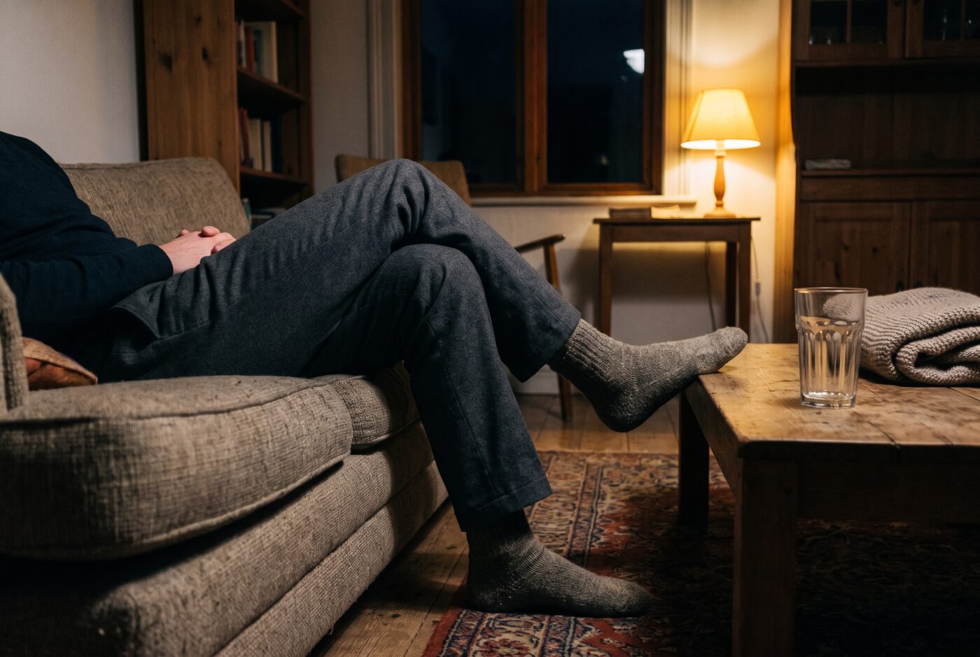 Iemand zit 's avonds achterover op een bank, van borsthoogte af in beeld, met een lamp op de achtergrond