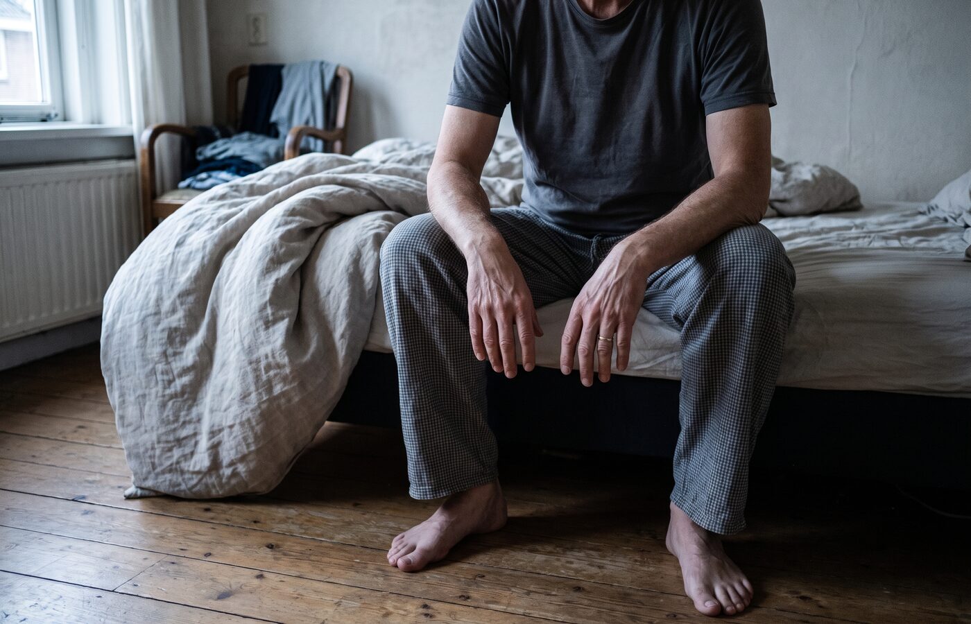 Iemand zit 's ochtends op de rand van een onopgemaakt bed