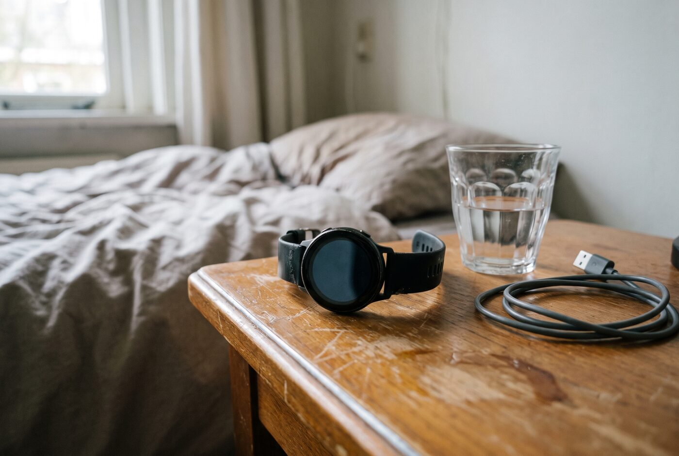Een horloge met een zwart scherm ligt op een nachtkastje naast een glas water