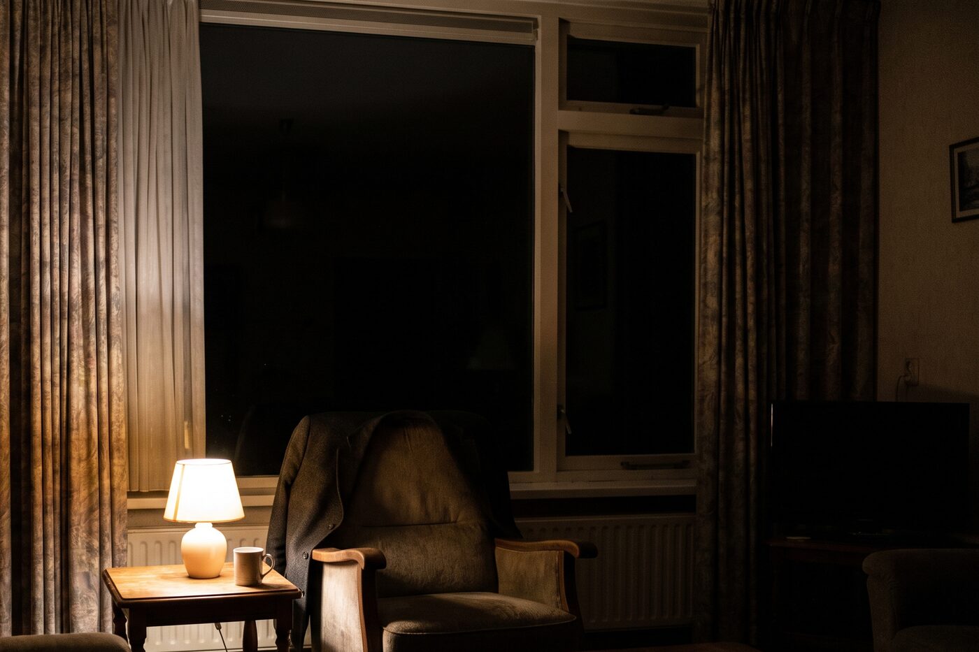 Een donkere woonkamer laat op de avond met een lamp aan en een leeg kopje