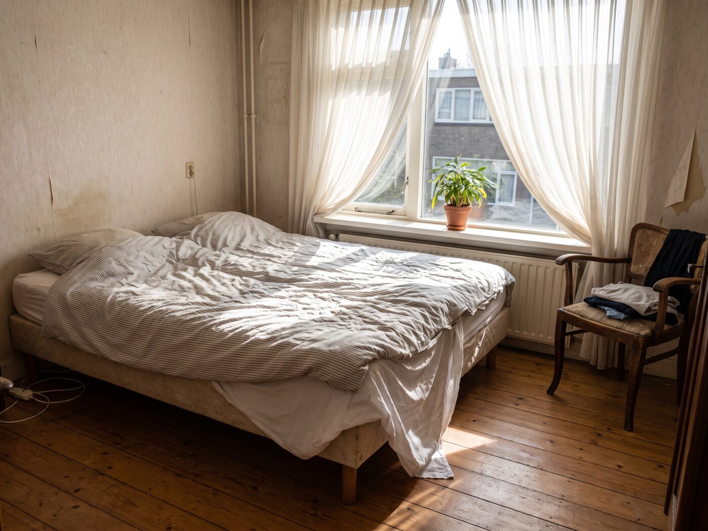 Een leeg bed met het dekbed op een hoop en fel middaglicht erover