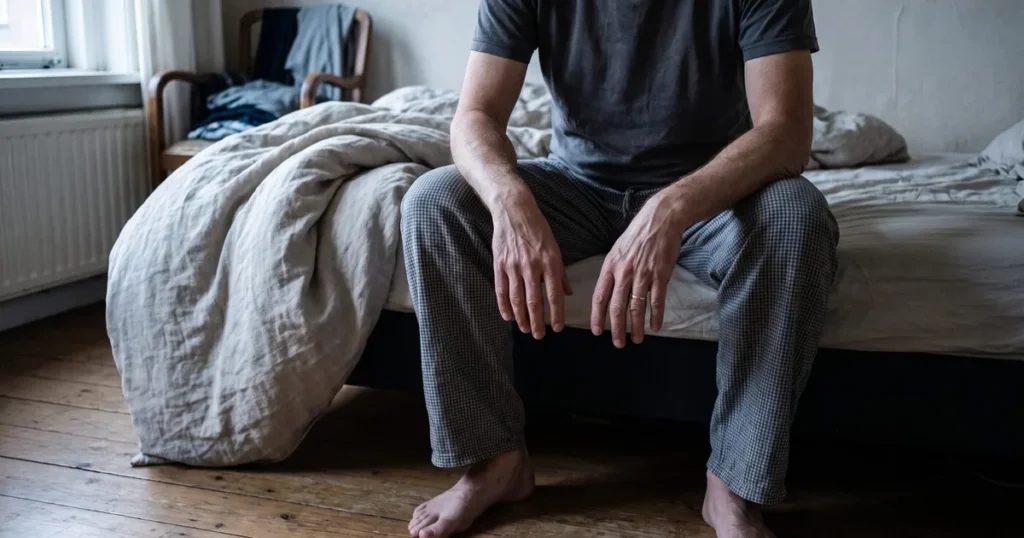 Iemand zit 's ochtends op de rand van een onopgemaakt bed