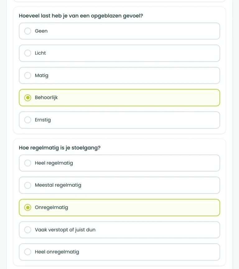 Vraag 3 en 4 van de BioProfile-darmscan: een opgeblazen gevoel en de regelmaat van je stoelgang