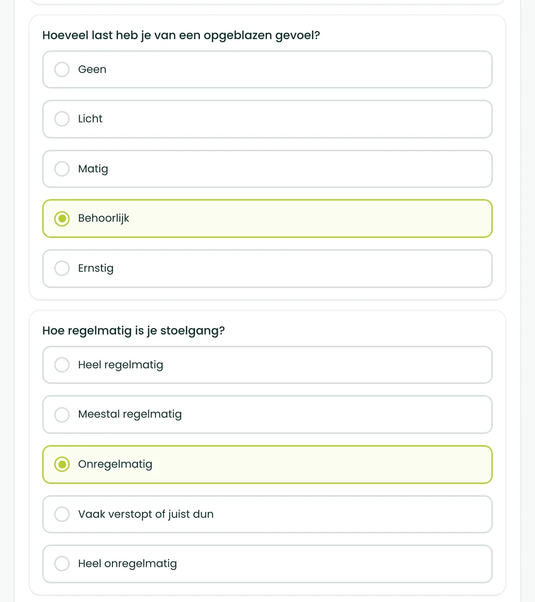 Vraag 3 en 4 van de BioProfile-darmscan: een opgeblazen gevoel en de regelmaat van je stoelgang