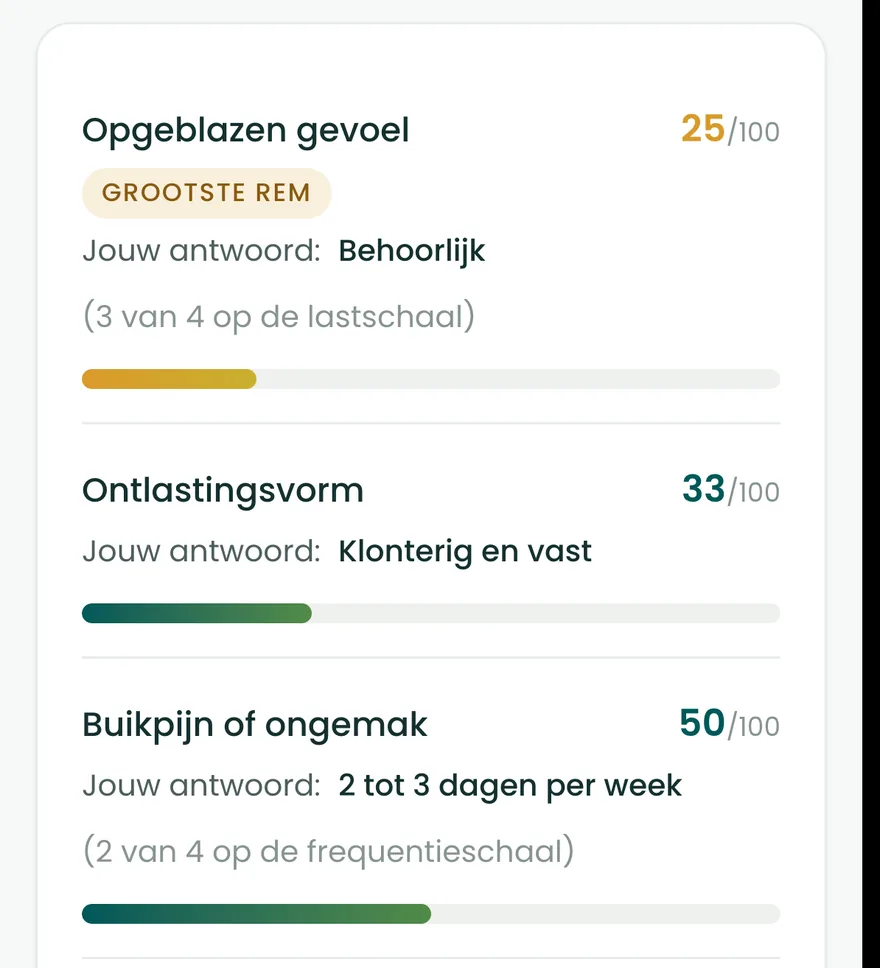 De darmvragen teruggelezen op het resultaatscherm van de BioProfile-scan, elk met je antwoord en een score van 0 tot 100