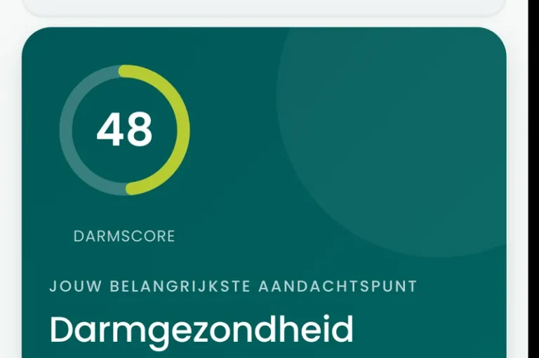 Het resultaatscherm van de BioProfile-darmscan op een telefoon, met een darmscore van 48 en de leesband merkbaar