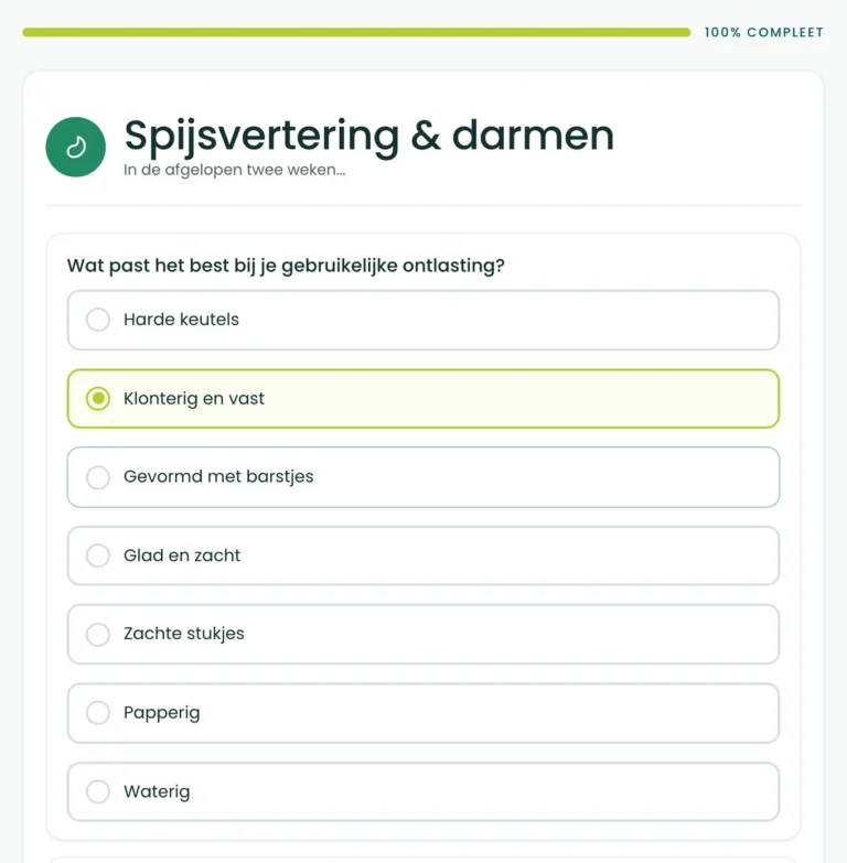 De eerste twee vragen van de BioProfile-darmscan, over de vorm van je ontlasting in zeven typen en over buikpijn of ongemak