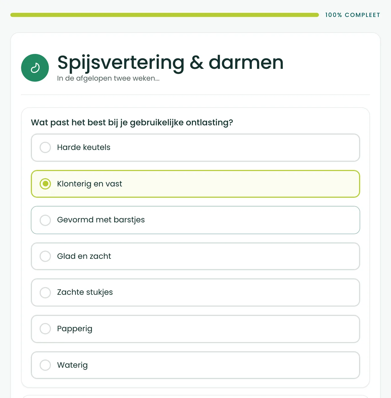 De eerste twee vragen van de BioProfile-darmscan, over de vorm van je ontlasting in zeven typen en over buikpijn of ongemak