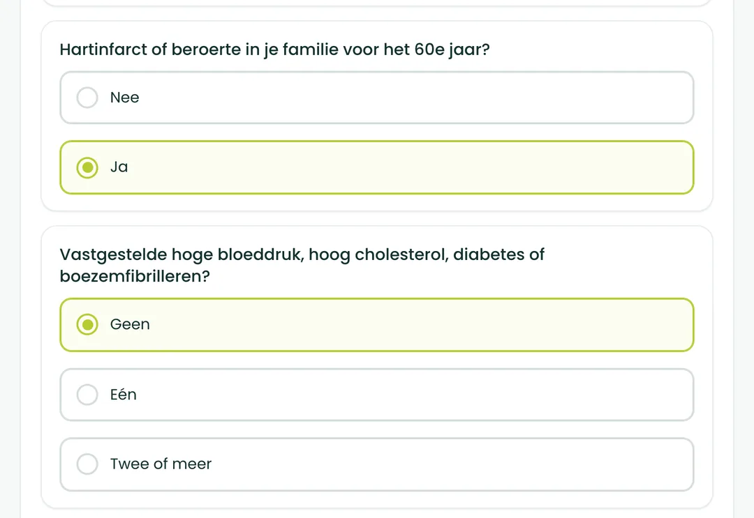 Vraag 3 en 4 van de BioProfile-hartscan: de familiegeschiedenis van hart en vaten, en vastgestelde aandoeningen