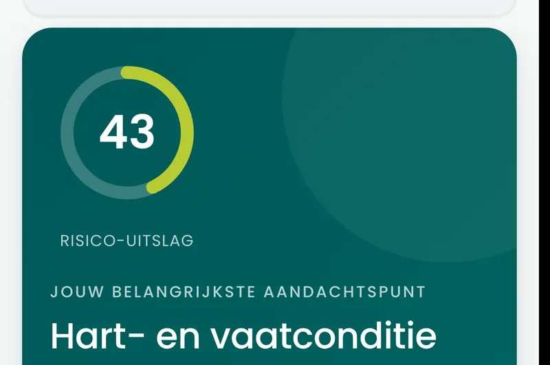 Het resultaatscherm van de BioProfile-hart- en vaatconditiescan op een telefoon, met de score in een ring