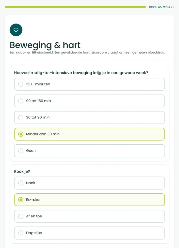 De eerste twee vragen van de BioProfile-hartscan, over wekelijkse matige tot intensieve beweging en over roken