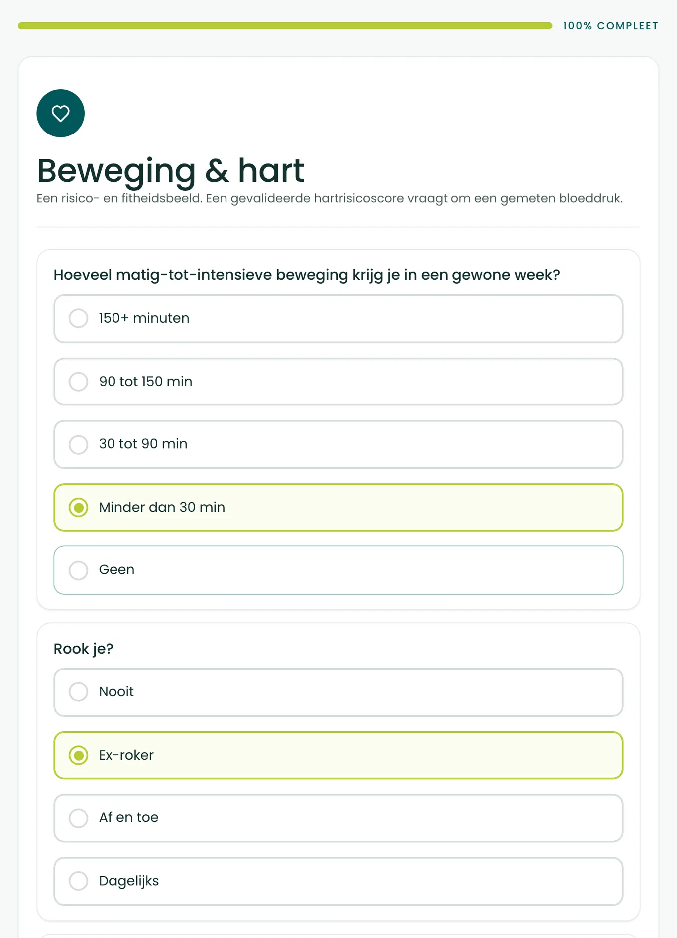 De eerste twee vragen van de BioProfile-hartscan, over wekelijkse matige tot intensieve beweging en over roken