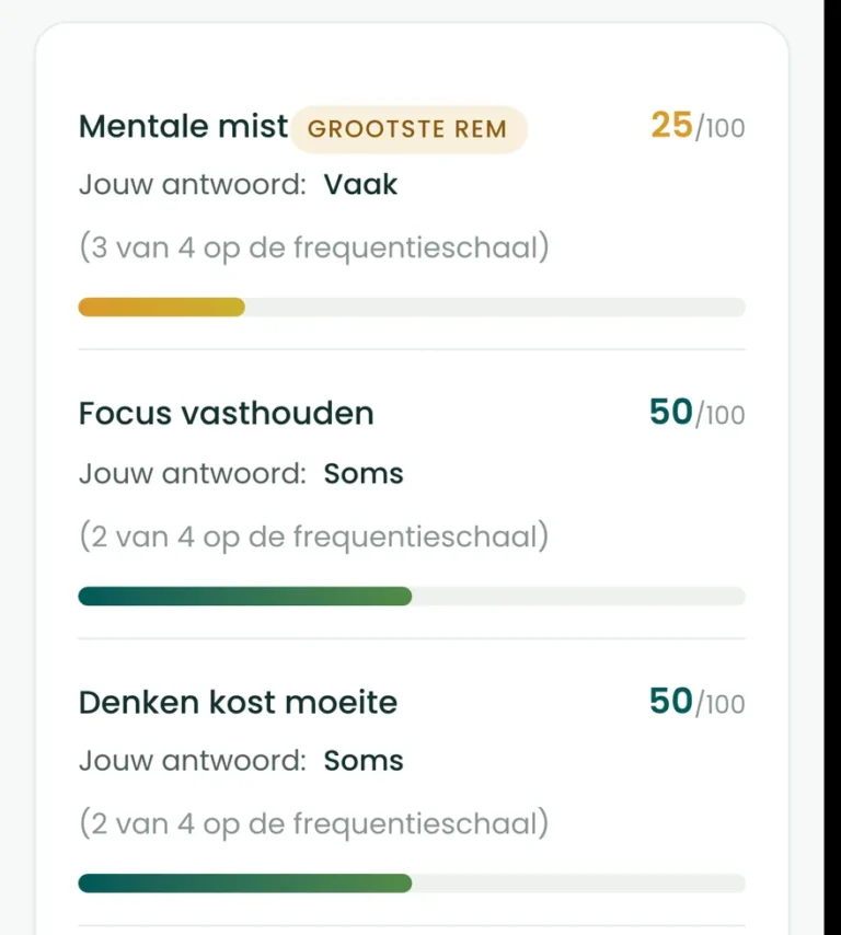 De breinvragen teruggelezen op het resultaatscherm van de BioProfile-scan, elk met je antwoord en een score van 0 tot 100