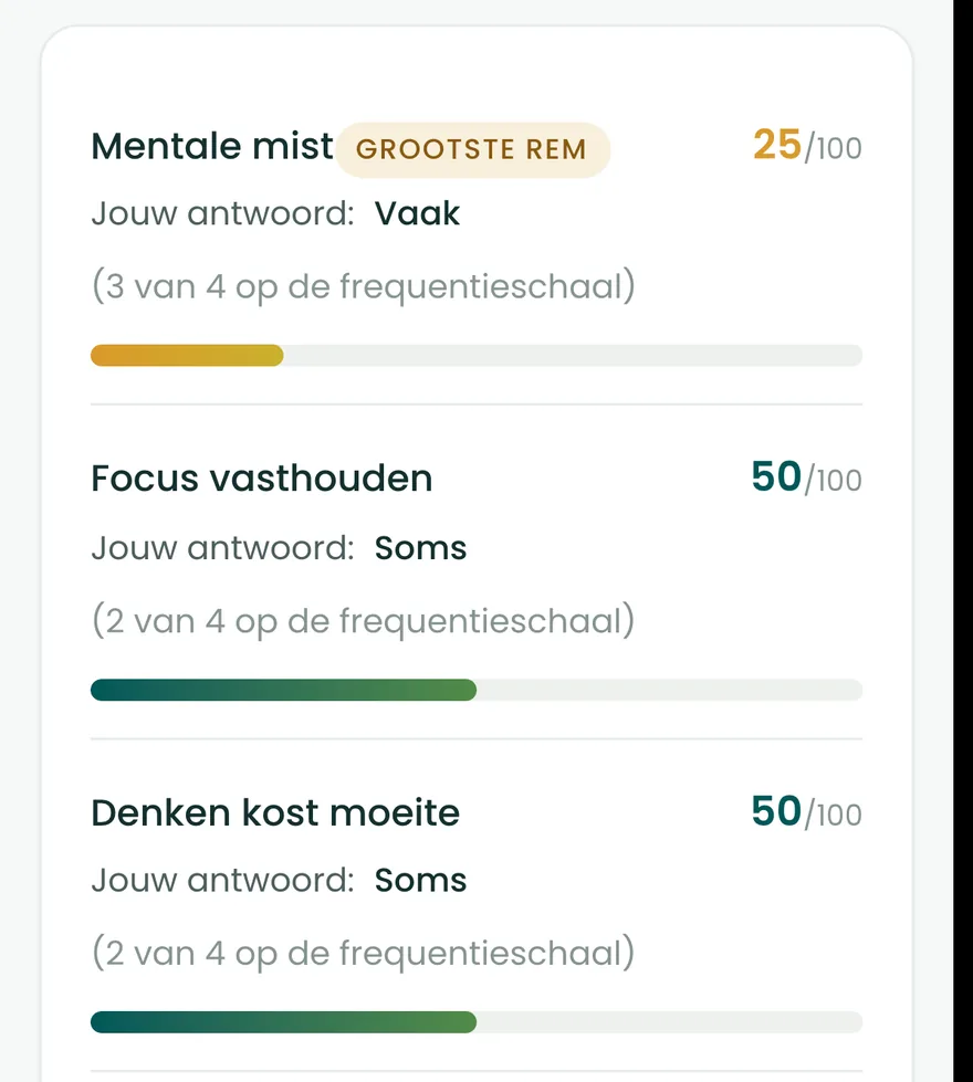 De breinvragen teruggelezen op het resultaatscherm van de BioProfile-scan, elk met je antwoord en een score van 0 tot 100