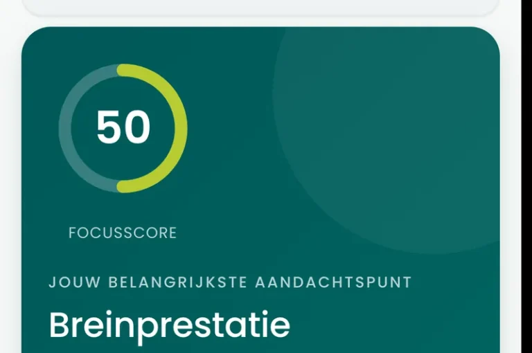 Het resultaatscherm van de BioProfile-breinscan op een telefoon, met een focusscore van 50 en de leesband merkbaar
