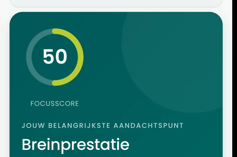 Het resultaatscherm van de BioProfile-breinprestatiescan op een telefoon, met de score in een ring