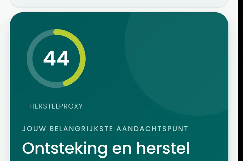 Het resultaatscherm van de BioProfile-ontsteking en herstelscan op een telefoon, met de score in een ring