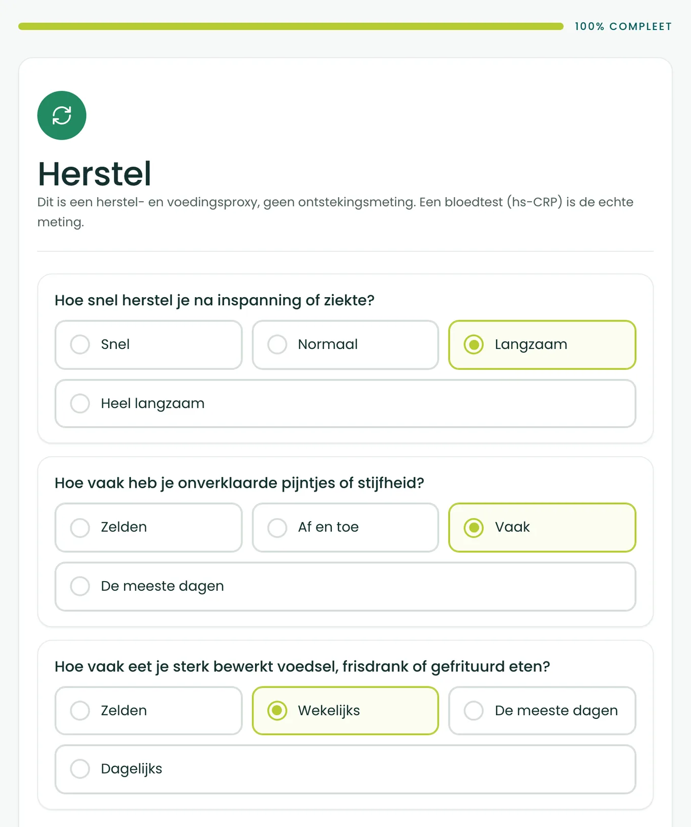 De eerste twee vragen van de BioProfile-herstelscan, over herstel na inspanning of ziekte en over onverklaarde pijn of stijfheid