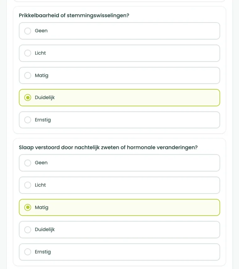 Vraag 3 en 4 van de BioProfile-hormoonscan voor vrouwen: prikkelbaarheid of stemmingswisselingen, en slaap verstoord door hormonale veranderingen
