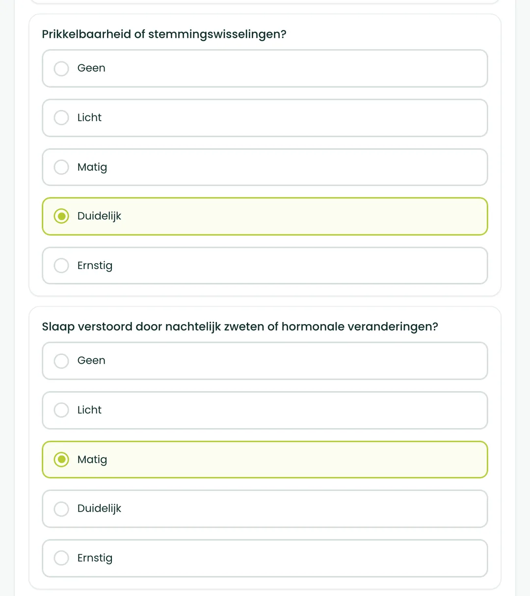 Vraag 3 en 4 van de BioProfile-hormoonscan voor vrouwen: prikkelbaarheid of stemmingswisselingen, en slaap verstoord door hormonale veranderingen
