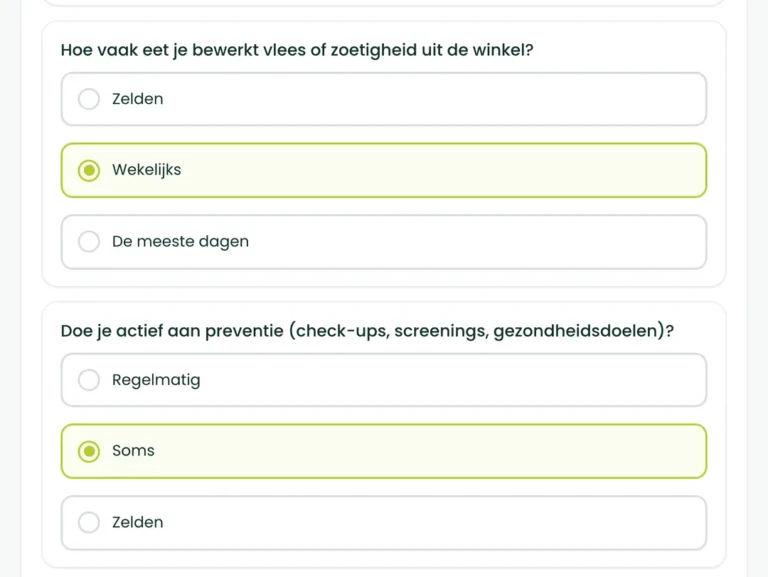 Vraag 3 en 4 van de BioProfile-leefstijlscan: bewerkt vlees en fabriekszoetigheid, en controles en screening