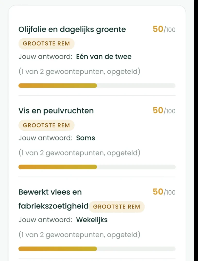 De gewoontevragen teruggelezen op het resultaatscherm van de BioProfile-scan, elk met je antwoord en een score van 0 tot 100